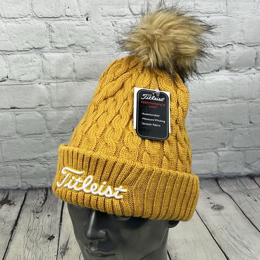 Titleist Cable Knit Pom Pom Beanie Golf Hat Gold White Logo NEW